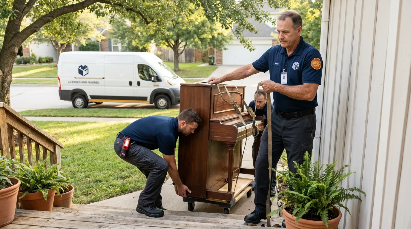 Licensed piano movers securing grand piano in Mount Clemens, MI