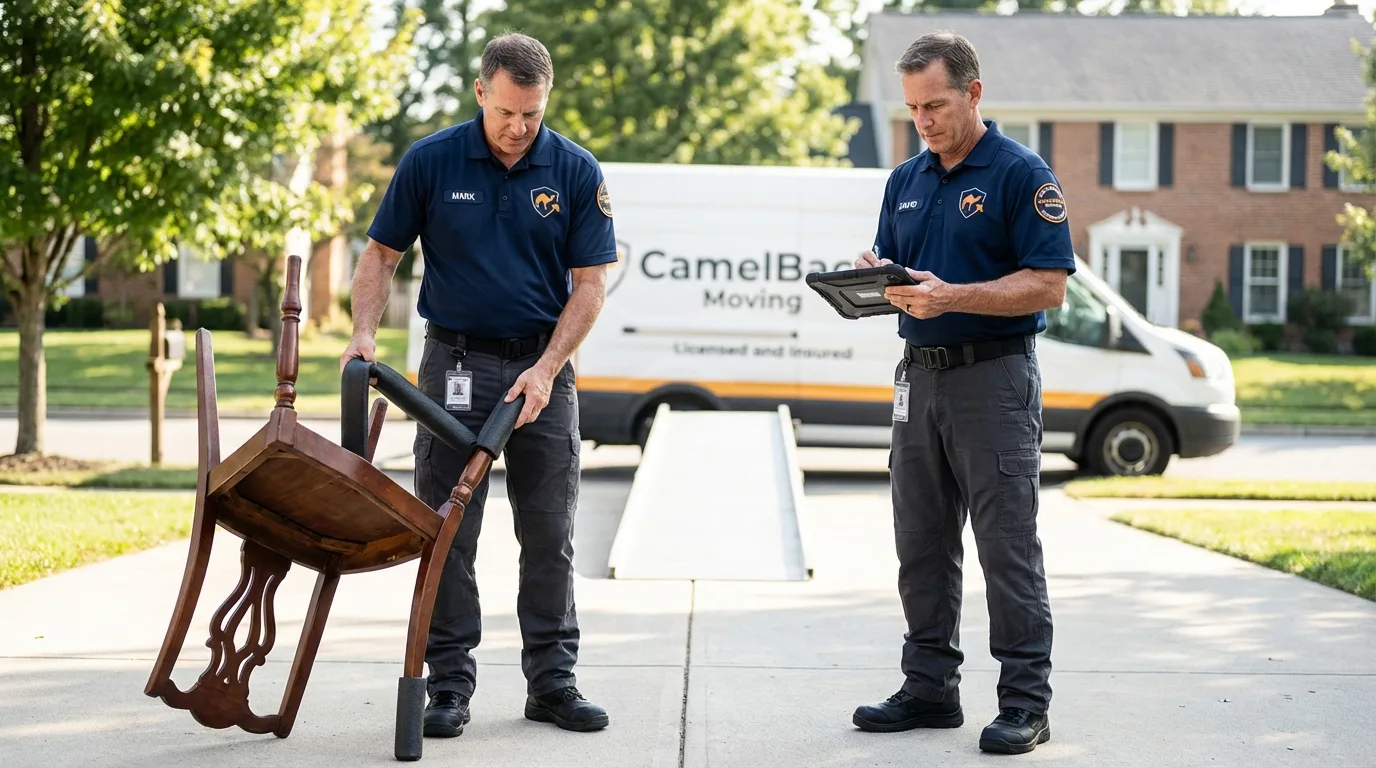 Movers inspecting furniture for damage prevention before loading in Mount Clemens, MI