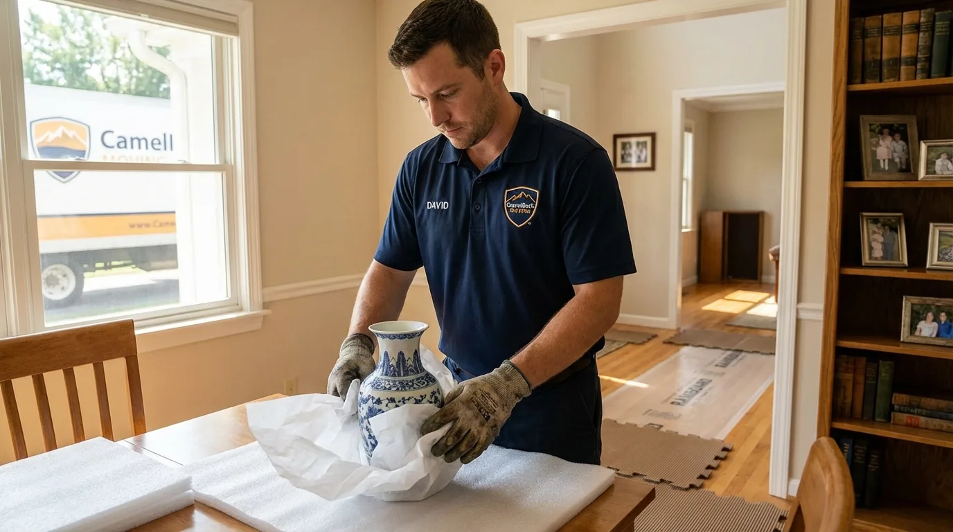Professional crew carefully wrapping antique vase for senior downsizing move in Mount Clemens, MI